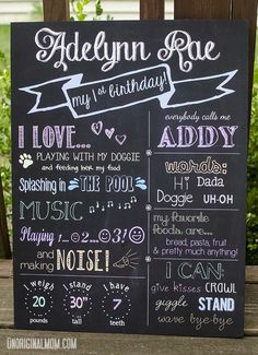 a chalkboard sign with some writing on it that says, adelinn rae my birthday