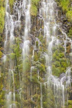 the waterfall is covered in moss and water