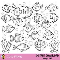 an ocean scene with fish and bubbles in black and white, on a pink background