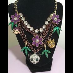 Gorgeous And Authentic Betsey Johnson Amazing Jungle Themed Necklace! * Mixed Metal Layered Necklace Chains With Multi Pendants * Lobster Claw * Length: 16" + 3" Ext * Panda Pendant Drop: 1.25" X 1.25" Purple Party Necklace With Chain Detail, Purple Chain Necklace For Party, Panda Pendant, Multi Pendant, Betsey Johnson Jewelry, Betsy Johnson, Layered Necklace, Charm Jewelry, Lobster Claw