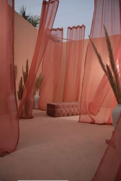 an outdoor area with sheer curtains and potted plants on the ground in front of it