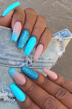 Orange Nails Ideas Coffin, Nail Ideas With Nail Art, Foil Nail Art Designs Ideas Summer, Malibu Blue Nails, Blue Ombre Nails Coffin, Pretty Ombre Nails, Ongles Summer, Nail Ideas Ombre, Glitter Blue Nails