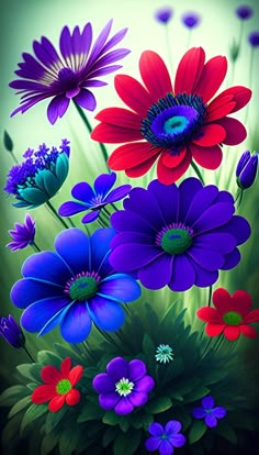 an image of colorful flowers on a green background with blue, red and purple colors