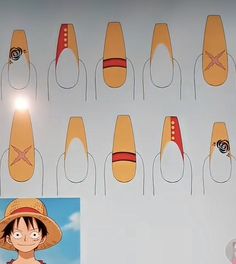 One Piece Acrylic Nails, Luffy Nail Art, One Piece Nail Art Luffy, Anime Inspired Nails One Piece, One Piece Nails Design, Simple Anime Nail Ideas, One Piece Inspired Nails, Black Clover Nails, Nami Nails