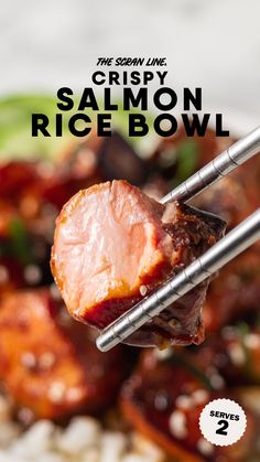 the cover of crispy salmon rice bowl with chopsticks holding up meat in it