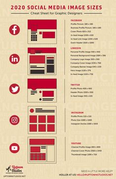 the social media image size guide is shown in red and beige colors, with icons on it