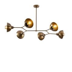 a brass colored chandelier with five lights hanging from the ceiling and four bulbs on each end