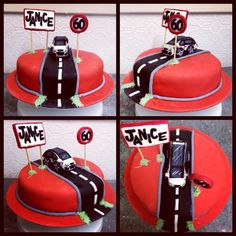 four pictures of a red cake with black and white cars on it that says dance