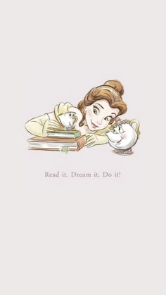 a woman laying on top of a pile of books next to a white cat and mouse