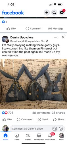 two denim dolls sitting on top of a couch with the caption'facebook comment '