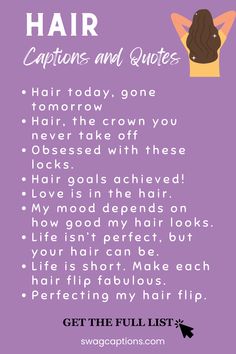 a purple poster with the words hair captions and quotes