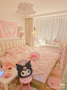 a bed room with a neatly made bed and lots of stuffed animals on the floor