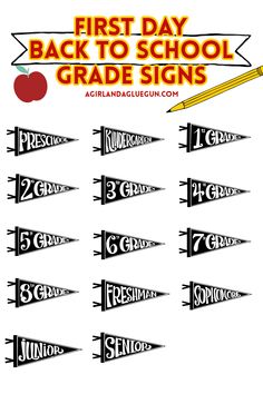 the first day back to school grade signs are shown with pencils and an apple