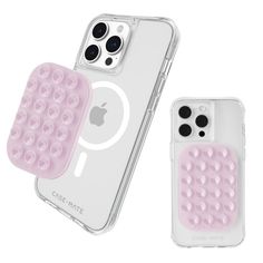 two iphone cases with different designs on them, one in pink and the other in white