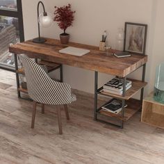 a wooden desk with a laptop on top of it next to a chair and window