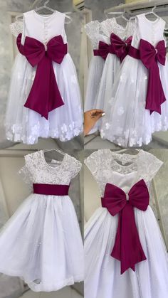 four different pictures of dresses with bows on the front and back, all in white and red