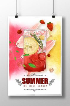 a watercolor painting of a drink with strawberries and lemons