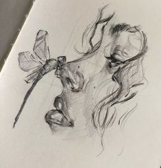 a pencil drawing of a woman's face with a flower in her hair and an insect on the nose