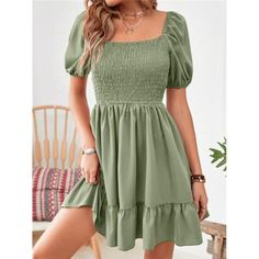 -Item Id 15913193 -Color: Green -Style: Boho -Pattern Type: Plain -Details: Ruffle Hem, Shirred -Neckline: Square Neck -Sleeve Length: Short Sleeve -Type: A Line -Sleeve Type: Puff Sleeve -Waist Line: High Waist -Hem Shaped: Flounce -Length: Mini -Fit Type: Regular Fit -Fabric: Non-Stretch -Material: Fabric -Composition: 100% Polyester -Care Instructions: Machine Wash Or Professional Dry Clean -Sheer: No **Open To Offers!!!** **Bundle To Save More** **30% Off Bundles Of 2 Or More Items!!** ***Or Square Neck Dress, Ruffle Hem Dress, Arte Popular, Hem Dress, Kids Beachwear, Looks Vintage, Green Fashion, Ruffle Hem, Elegant Dresses