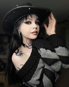 hellie horror on Instagram: "finally sweater weather 🤍 - thanks to @romwe_fun for gifting this off the shoulder striped sweater! use ‘Hellie108’ to save ! #ROMWE #ROMWEhaul - - #alternativegirl #westernfashion #gothicwestern #yallternative #altgirl #tattoo #tattedgirl" Alternative Cowgirl, Alt Cowboy, Yallternative Aesthetic, Punk Cowgirl, Folk Goth, Goth Fashion Aesthetic, Gothic Country, Goth Cowgirl, Dark Western