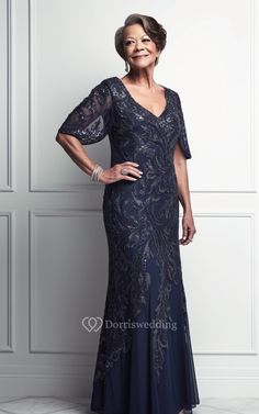 Half-sleeve V-neck Sheath Exquisite Sequin Blue Mother of Bride Dress - Dorris Wedding Mom Wedding Dress, Mother Of Bride Dress, Mother Of The Bride Dresses Long, Mother Of Groom Dresses, Groom Dresses, Mom Wedding, Mother Of Bride, Groom Dress, Bride Dresses