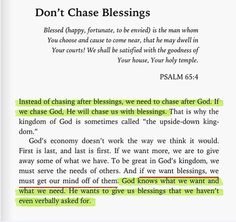 an open book with green text on the page and two words below it that read, don't chase blessings