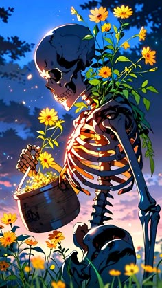 An artistic illustration of a human skeleton in a night-time garden setting, with yellow flowers growing from its bones and carrying a basket of the same flowers, under a starry sky. Twilight Garden, Halloween Wallpaper Backgrounds, Lush Forest, Human Skeleton, Wooden Basket, Colour Art, Flowers Blooming