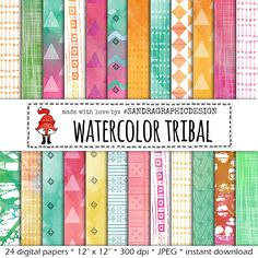 New to SandraGraphicDesign on Etsy: Tribal digital paper: "TRIBAL WATERCOLORS" with tribal patterns made with watercolor paint (1247) (4.00 USD) Watercolor Paint, Pretty Pink, Blue And Green, Watercolour Painting, Pink Orange, Pattern Making