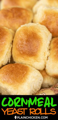 close up view of cornmeal yeast rolls with text overlay that reads cornmeal yeast rolls