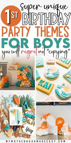 birthday party themes for boys with orange, blue and white decorations on the top right