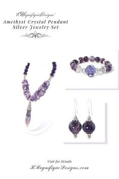 This beautiful set is both rich and luxurious and features stunning statement pieces created using semi-precious Amethyst stones and silver components! The Amethyst Chunky Stone Crystal Pendant Silver Statement Necklace The Amethyst Ball Drop Short Silver Statement Earrings The Amethyst Glass Faceted Silver Stone Bracelet Luxury Amethyst Gemstone Beads Jewelry, Luxury Amethyst Gemstones With Natural Stones, Luxury Purple Jewelry With Natural Stones, Luxury Natural Amethyst Gemstones, Luxury Purple Natural Stones Jewelry, Elegant Handmade Amethyst Gemstones, Elegant Silver Gemstone Crystals, Elegant Silver Crystals With Natural Stones, Lavender Amethyst Jewelry With Gemstone Accents