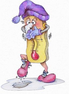 a drawing of a cartoon character with a thermometer in his hand and wearing a purple hat