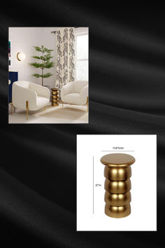 an image of a modern living room with gold furniture and black drapes on the walls