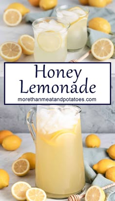 honey lemonade in a pitcher with ice and sliced lemons around it