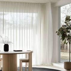 a dining room table with two chairs and a potted plant in front of the window