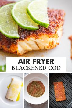 the air fryer is filled with fish and seasoning next to other food items