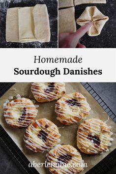 homemade sourdough danishes on a baking sheet with the recipe title above it