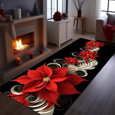 a living room with a fireplace and christmas decorations on the floor in front of it