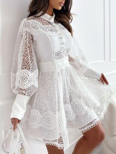 Spring Summer Women Solid O-Neck Mini Dress Loungewear Fashion Hollow Out Lantern Sleeve Ladies Dress Loungewear, Dress Streetwear, Loungewear Fashion, Backless Midi Dress, Printed Long Dresses, Strapless Mini Dress, Hot Dress, Lantern Sleeve, Party Dresses For Women