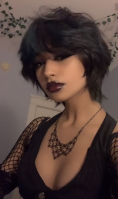 Hangodango on tiktok Cute Short Goth Haircuts, Glamorous Pixie Hairstyles, Unisex Mullet Hair, Short Goth Haircuts For Women, Goth With Short Hair, Short Hair Goth Hairstyles, Black Mullet Hairstyle Women, Short Hair Styles Goth, Short Gothic Hairstyles