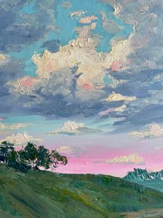 an oil painting of clouds and trees on a hill