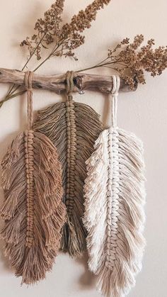 three woven feathers hanging on a wall next to some dried plant stems and twig