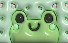 an abstract green object with black eyes and hearts on it's face, in front of a white background