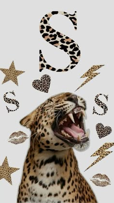 a leopard with its mouth open and stars in the background that say s is for cheetah