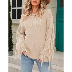 Khaki Round Neck Tasseled Long Sleeve Loose Sweater Casual Fall Sweater With Tassels, Winter Long Sleeve Tops With Tassels, Fall Beige Fringe Top, Beige Fringe Casual Sweater, Casual Beige Tassel Tops, Leopard Sweater, Loose Pullover, Pocket Cardigan, Long Sleeve Knit Sweaters