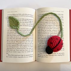 an open book with a crocheted ladybug on it