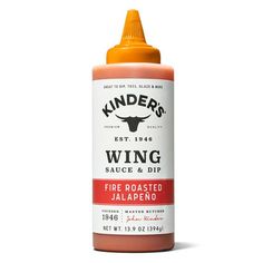 a bottle of wing sauce and dip on a white background with the words kinder's wing