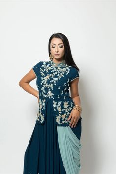 Look luxurious and edgy in this blue designer drape dress. With its form flattering design, this dress is perfect for any occasion, whether it's a casual night out or a formal gathering. Crafted from soft materials for ultimate comfort, this dress will be your go-to style. Designer Drape Dresses, Pink Net Dress, Baluchari Saree, Saree Blouse Styles, Drape Dress, Net Dress