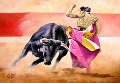 an oil painting of a bull and a mata in the desert with a woman standing next to it