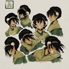 an anime character with many different expressions on his face and shoulders, all wearing green clothes